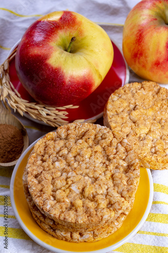 Round rice crackers made with apple and cinnamon, healthy snack for breakfast, lunch and school food