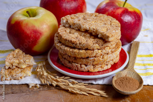 Round rice crackers made with apple and cinnamon, healthy snack for breakfast, lunch and school food