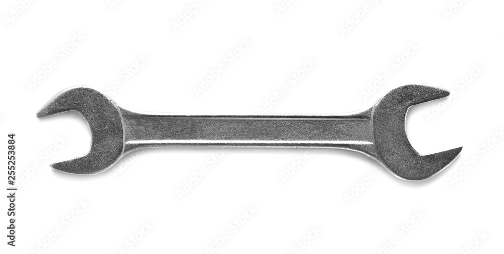 New wrench on white background, top view. Plumber tools New wrench on white background, top view. Plumber tools