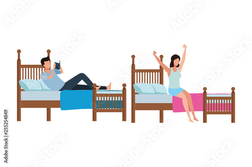 twin bed dormitory and faceless people