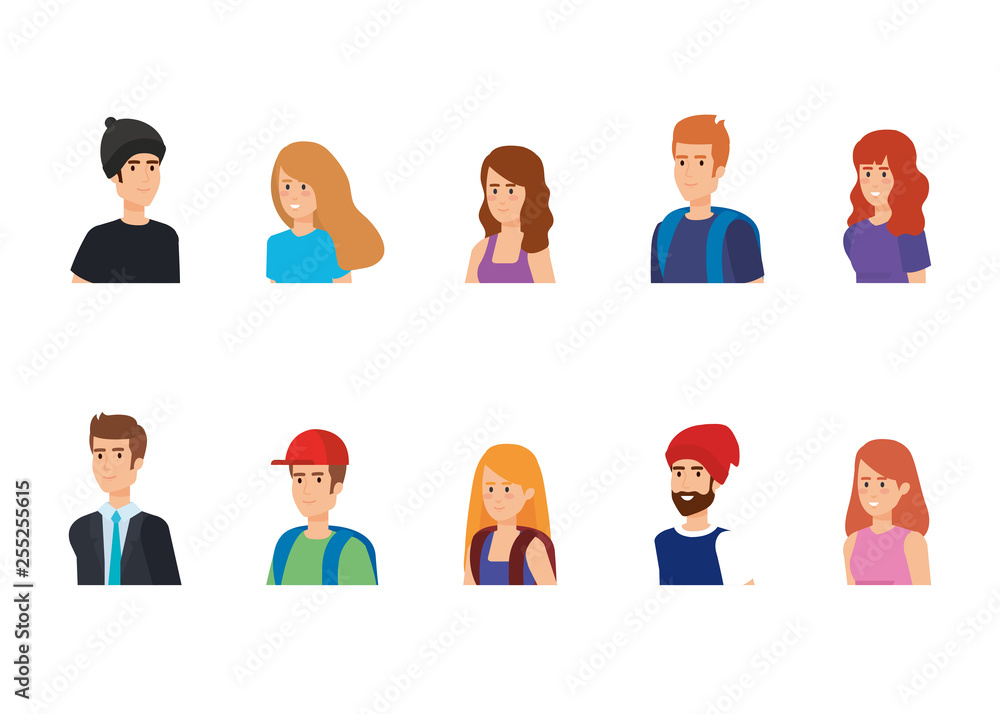 set women and men heads with hairstyle and clothes set women and men heads with hairstyle and clothes