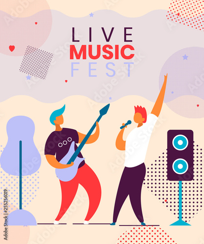 Modern cartoon flat characters musical band guitarist,singer on music fest,concert,open air,hand drawn banner flyer concept.Musicians with guitar,microphone playing music,jazz,rock,blues,rockabilly