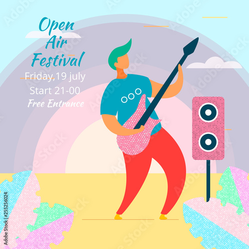 Modern cartoon flat character musical band guitarist on music fest,concert,open air festival,vector hand drawn style.Musician with guitar and loudspeakers playing music,jazz,rock,blues,rockabilly