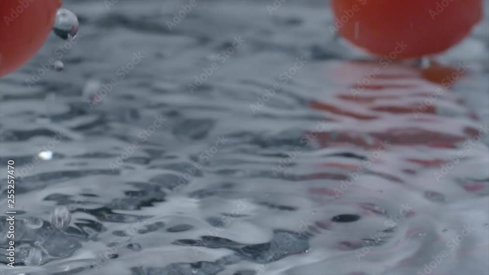 Tomatoes fall in water over a light background. Slow motion Tomatoes fall in water over a light background. Slow motion