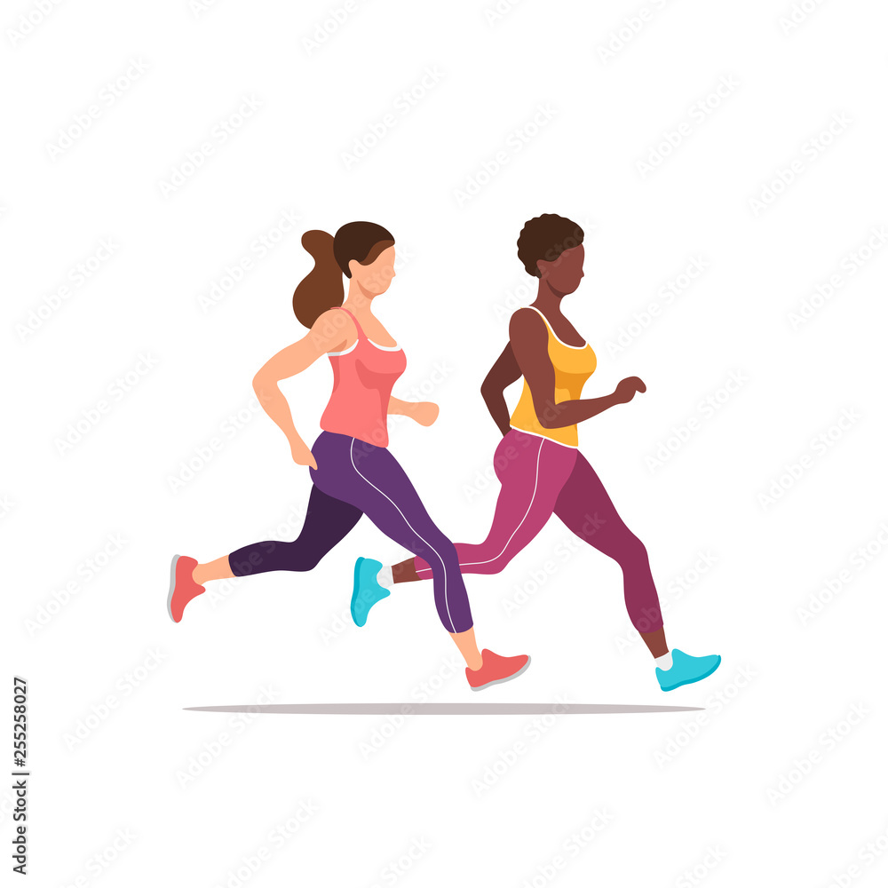 Two women exercising by jogging. Health and fitness. Vector illustration.