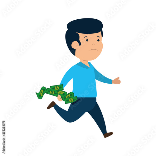 depressed man for money with bills dollars
