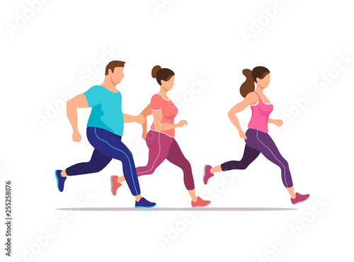 Group of people running exercising together. Health and fitness. Vector illustration.