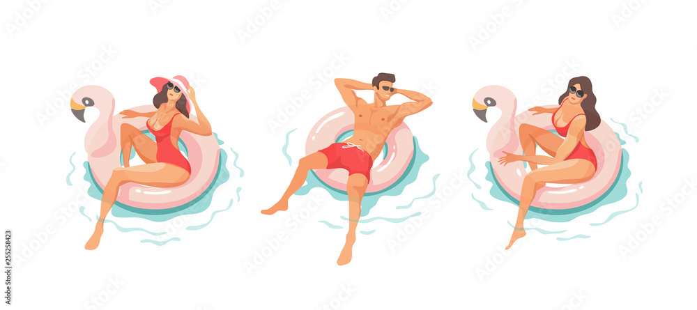 Young people relaxing In swimming pool in the summertime. Vector illustration.