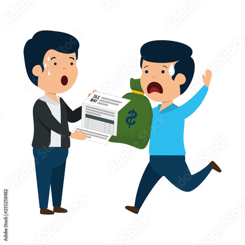 depressed men for money with tax document and bag