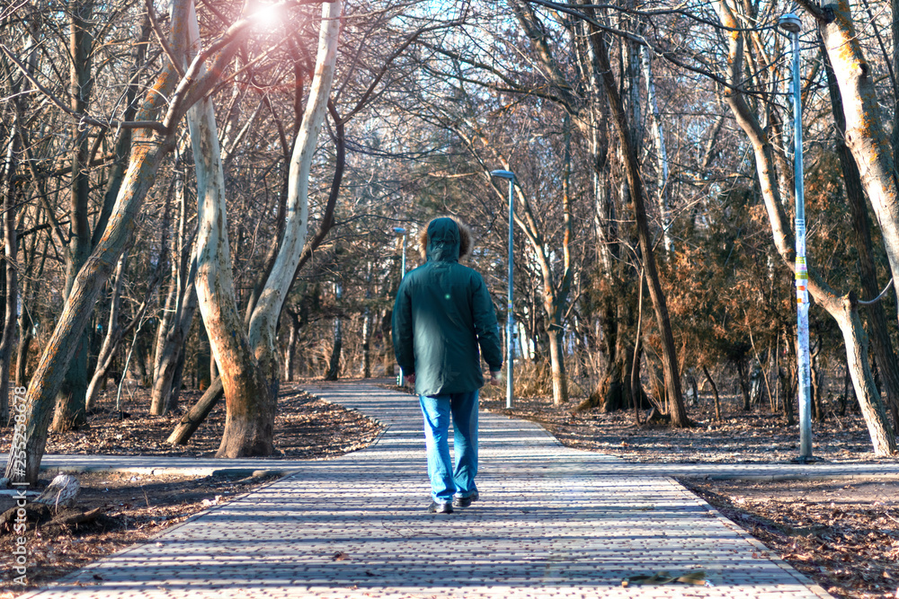 silhouette of a young man in a jacket and hood on the background of the park silhouette of a young man in a jacket and hood on the background of the park