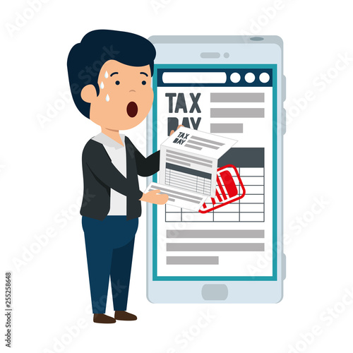 depressed man for money with smartphone and tax documents
