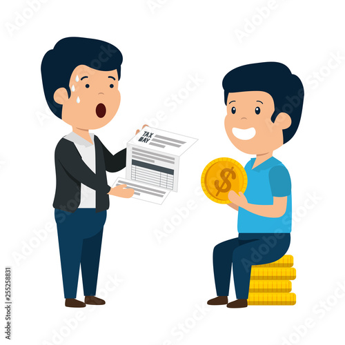 depressed men for money with tax document and coins