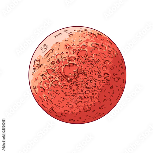 Hand drawn sketch of planet mars in color, isolated on white background. Detailed drawing in the style of vintage. Vector illustration