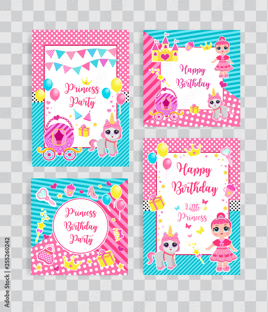 Happy birthday set greeting or invitation cards for a little princess in lol doll surprise style. Template for your design with princess, her pet pony and accessories. Vector illustration.