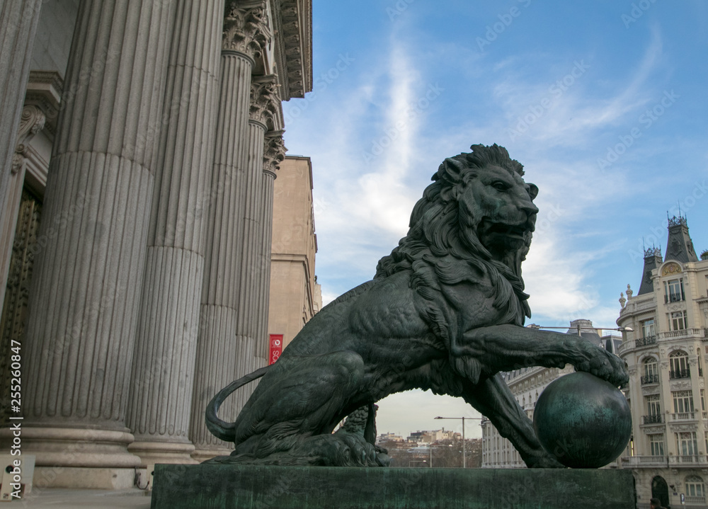 Main facade of the Spanish Parliament House with the lions on the entrance, Madrid, Spain) Main facade of the Spanish Parliament House with the lions on the entrance, Madrid, Spain)