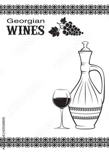 Template for wine card with ceramic wine jug, glass of wine, bunch of grape, ethnic ornaments and lettering Georgian wines. Black color.