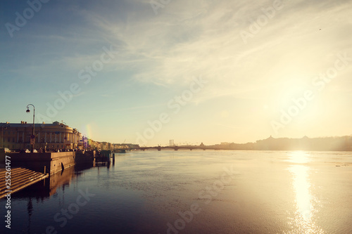 Neva spring at sunset. Center of St. Petersburg in the spring at sunset. Walk through the historic center of St. Petersburg. Spring sunset.