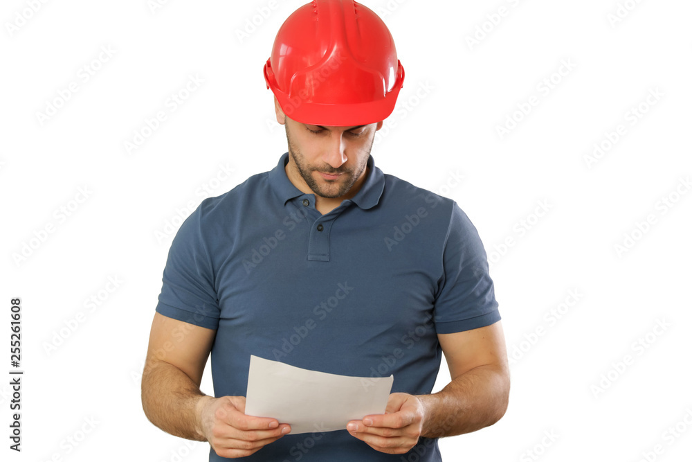 Man holding wearing red helm isolated on white background Man holding wearing red helm isolated on white background