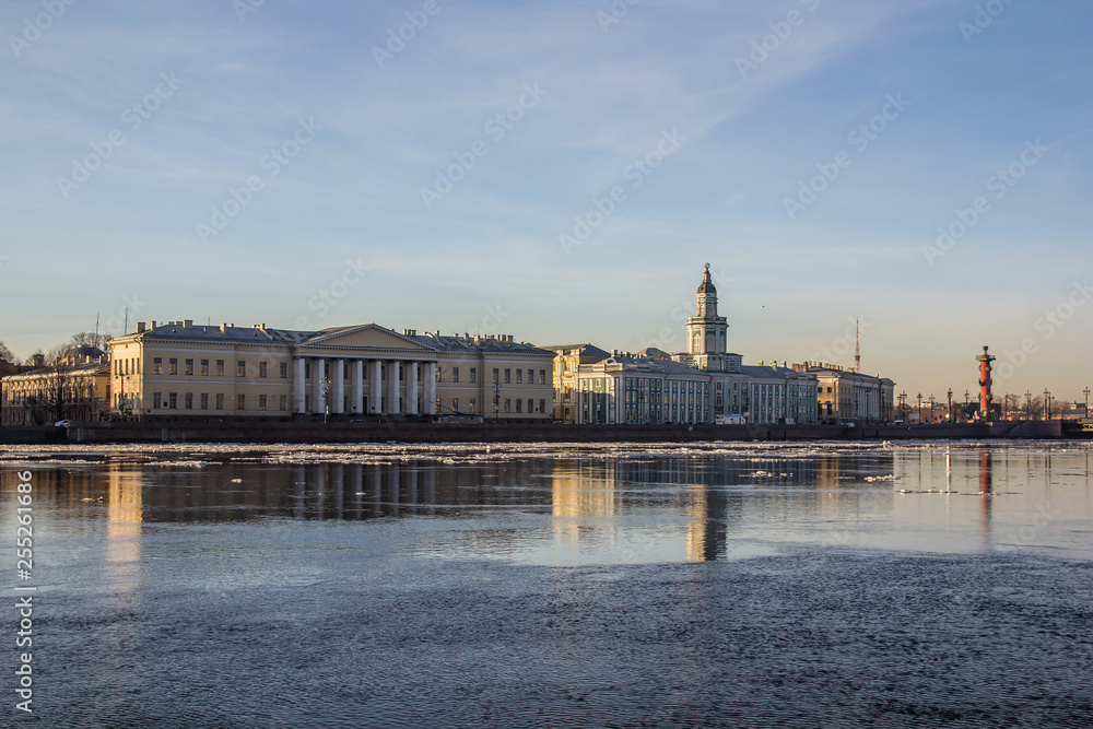 Neva spring at sunset. Center of St. Petersburg in the spring at sunset. Walk through the historic center of St. Petersburg. Spring sunset.