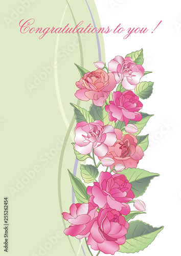 Beautiful greeting card with blooming balsam flowers