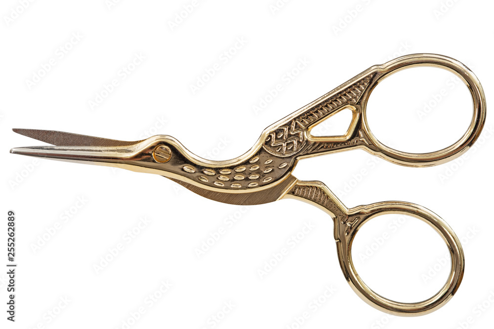 Scissors with curly handles in the shape of a bird, with clipping path, isolated on white background