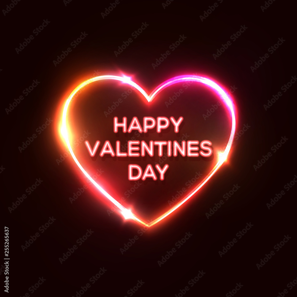 Happy Valentines Day text in heart shaped neon sign. Bright greeting card design on dark red night background. Decorative electric led light lamp banner. Color vector illustration in retro 80s style. Happy Valentines Day text in heart shaped neon sign. Bright greeting card design on dark red night background. Decorative electric led light lamp banner. Color vector illustration in retro 80s style.