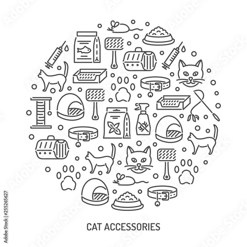Cat and veterinary pet accessories outline icons round background