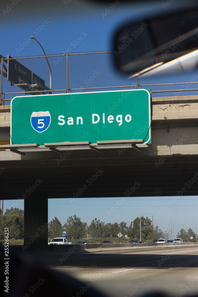 Highway to San Diego, California, street sign, view from inside a car