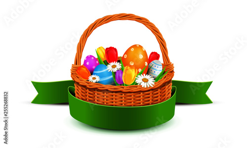 Osterkorb mit bunt bemalten Ostereiern, Tulpen und Banderole