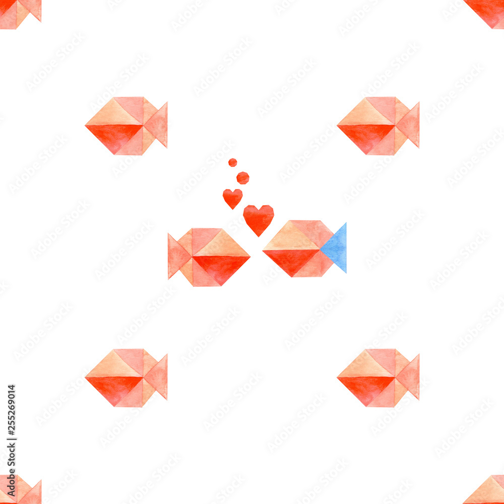 Watercolor seamless pattern with fishes, 2 fishes in love with heart. Origami style. On a white background. Illustration. Watercolor seamless pattern with fishes, 2 fishes in love with heart. Origami style. On a white background. Illustration.