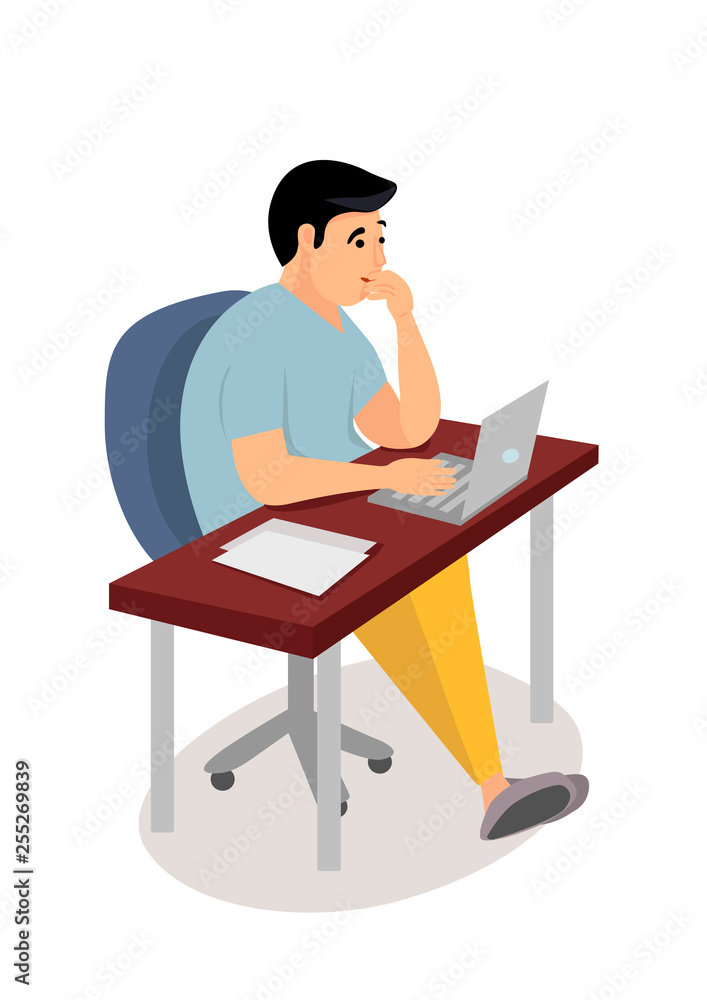 Man working on internet using laptop. Work or education home or travel. Work or education online at the computer. Vector illustration in cartoon style. Man working on internet using laptop. Work or education home or travel. Work or education online at the computer. Vector illustration in cartoon style.