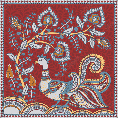 Square composition with a bird and a flower branch. 