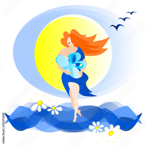 A woman in a blue dress and red hair carries a baby