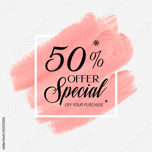 Sale special offer 50% off sign over art brush acrylic stroke paint background vector. Perfect watercolor design for a shop and sale banners.