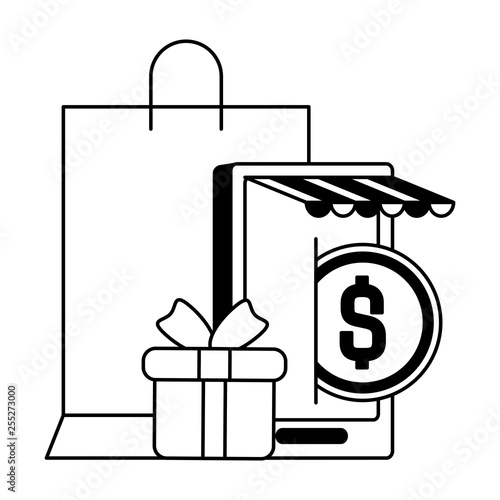 smarphone with shopping bag and gift