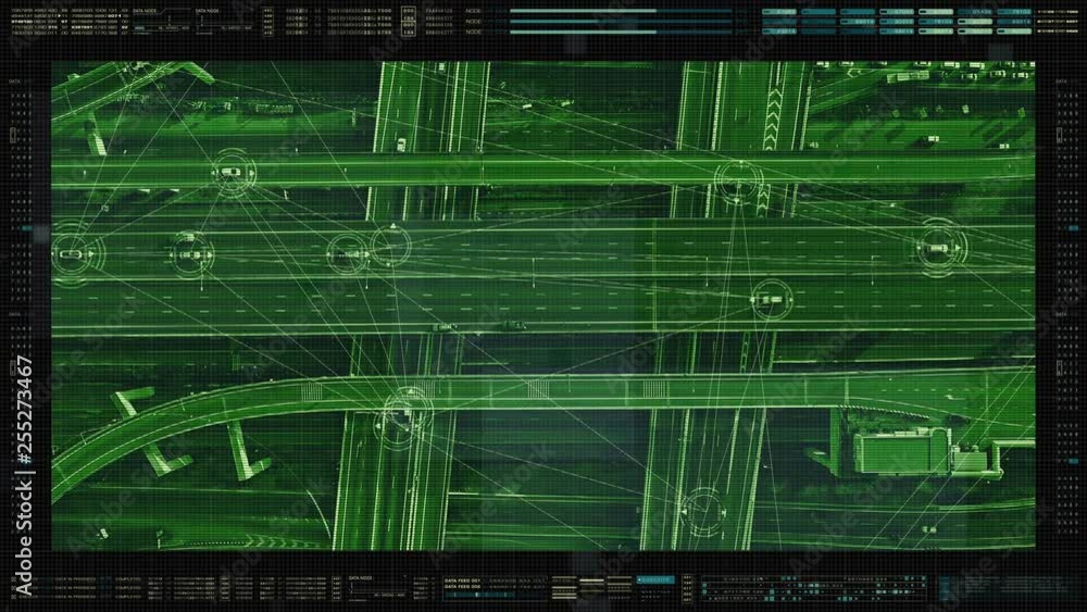 HUD view from above of traffic on the elevated expressway with futuristic autonomous, driverless cars using artificial intelligence computer network and satellite gps for navigation HUD view from above of traffic on the elevated expressway with futuristic autonomous, driverless cars using artificial intelligence computer network and satellite gps for navigation