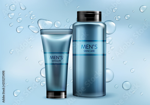 Mens cosmetics products line 3d realistic vector advertising mockup. Skincare cream, shampoo, shaving foam or lotion plastic tube, glass bottle illustrations on gradient background with water bubbles