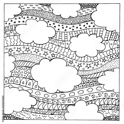 Doodle summer sky with ornaments. Hand drawn coloring page for adults. Vector illustration