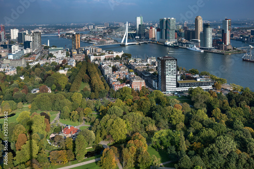 Cityscape of Rotterdam, The Netherlands, with the city park in the foreground and financial district and city centre including the famous Erasmus bridge in the background