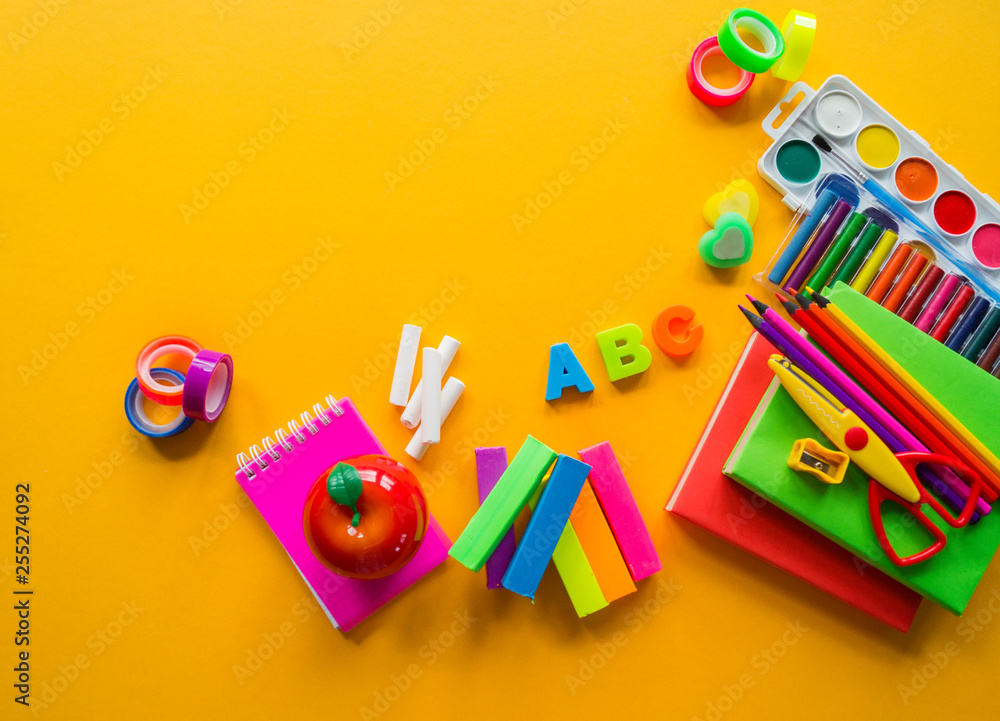 Stationery yellow background. Education. Training material for learning and creativity. Stationery yellow background. Education. Training material for learning and creativity.