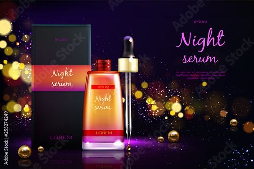 Womens cosmetics product 3d realistic vector ad banner. Skin moisturizing, facial night serum packaging box, bottle with dropper, golden pearls on black background with blurred glitter illustration