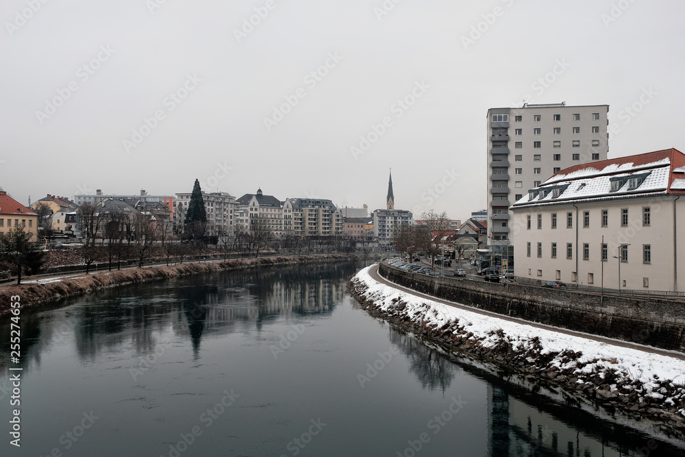 Obraz premium view of a riverside of river Drau in Villach, Austria