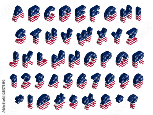 3d rounded isometric usa flag font, letters, numbers, symbols and signs, stock vector illustration clip art