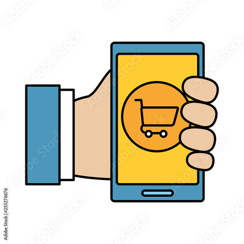 hand using smarphone with shopping cart