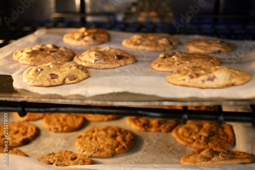 Fresh chocolate chip cookies being baked in an oven