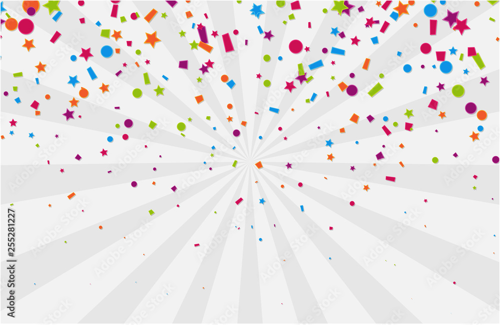 White festive background with colorful paper confetti. White festive background with colorful paper confetti.
