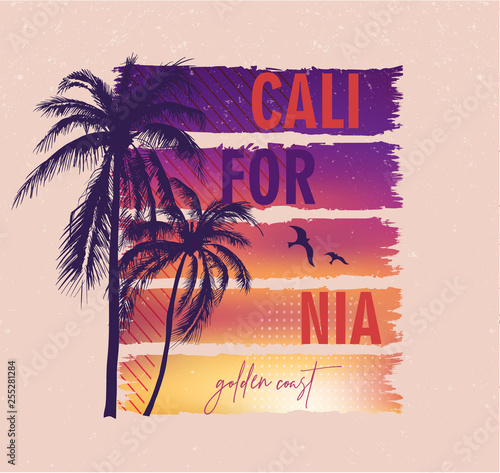 California, golden coast. Colorful poster with palm trees. T-shirt print with inscription, summer design for youth, teenagers.