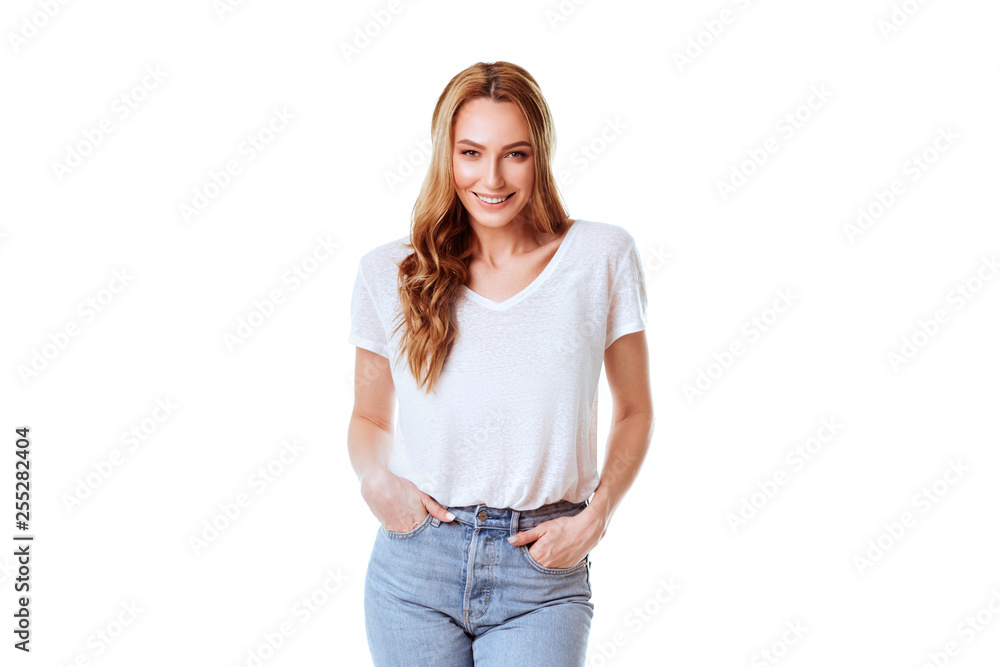 Headshot Portrait of happy ginger girl with freckles smiling looking at camera. White background. Headshot Portrait of happy ginger girl with freckles smiling looking at camera. White background.