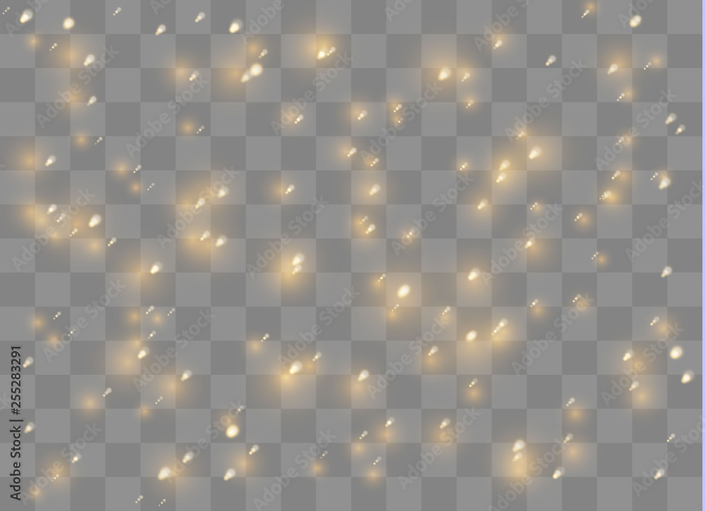 Glittering yellow particles of fairy dust. Sparks glitter special light
