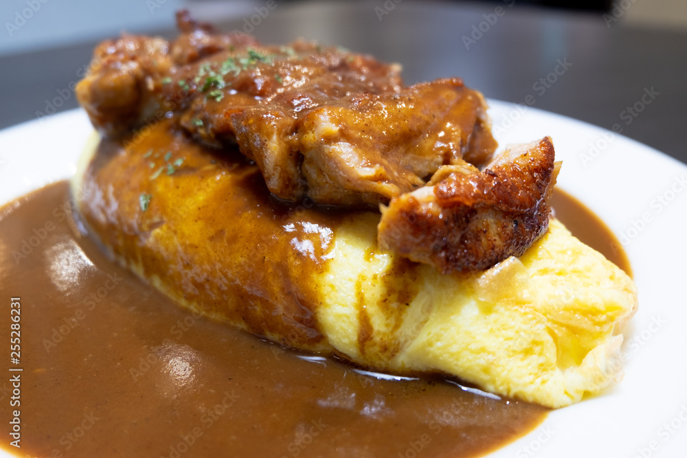 delicious Japanese curry with grilled chicken with omelet and rice. delicious Japanese curry with grilled chicken with omelet and rice.